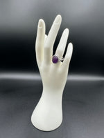 Natural Amethyst Adjustable Stainless Steel Ring – Oval Cabochon Gemstone Ring