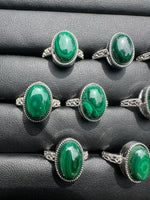 Natural Malachite Adjustable Stainless Steel Ring – Oval Gemstone Cabochon Ring