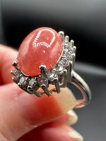 Natural Rhodochrosite Adjustable Stainless Steel Ring – Oval Pink Gemstone Halo Ring