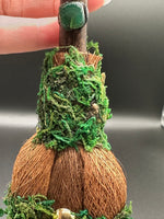 Natural Clear Quartz Crystal Palm Broom with Green Moss & Woodland Décor