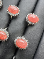 Natural Rhodochrosite Adjustable Stainless Steel Ring – Oval Pink Gemstone Halo Ring