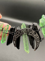 Green & Black Handmade Natural Crystal Crown Headband – Aura-Coated Crystal Points & Crescent Moon