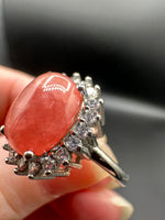 Natural Rhodochrosite Adjustable Stainless Steel Ring – Oval Pink Gemstone Halo Ring