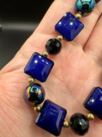 Cobalt Blue Glass Bead Strand with Iridescent & Black Faceted Accents