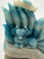 Unique Trolleite Nine-Tailed Fox Carving with Flower