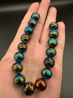 Large Black Glass Round Bead Strand – Turquoise Blue, Gold & Copper Metallic Accents