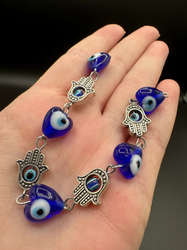 Blue Evil Eye Heart & Hamsa Bead Strand – Glass & Metal Jewelry Making Supplies