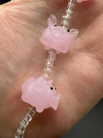 Pink Glass Pig Bead Strand – Handmade Lampwork Pig Beads with Clear Glass Spacer Beads for Jewelry Making & Crafts