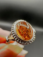 Natural Rutile Quartz Adjustable Stainless Steel Ring – Oval Cabochon – Golden Rutilated Quartz