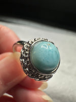 Natural Larimar Adjustable Stainless Steel Ring – Round Cabochon Gemstone Ring