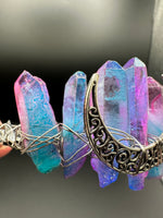 Pink, Blue & Silver Handmade Natural Crystal Crown Headband – Aura-Coated Crystal Points & Crescent Moon