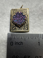 Antique Brass Book Locket Pendant with Iridescent Faux Druzy Accent – Opening Photo Locket Pendant