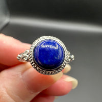 Natural Lapis Lazuli Adjustable Stainless Steel Ring – Round Blue Cabochon Crystal Ring