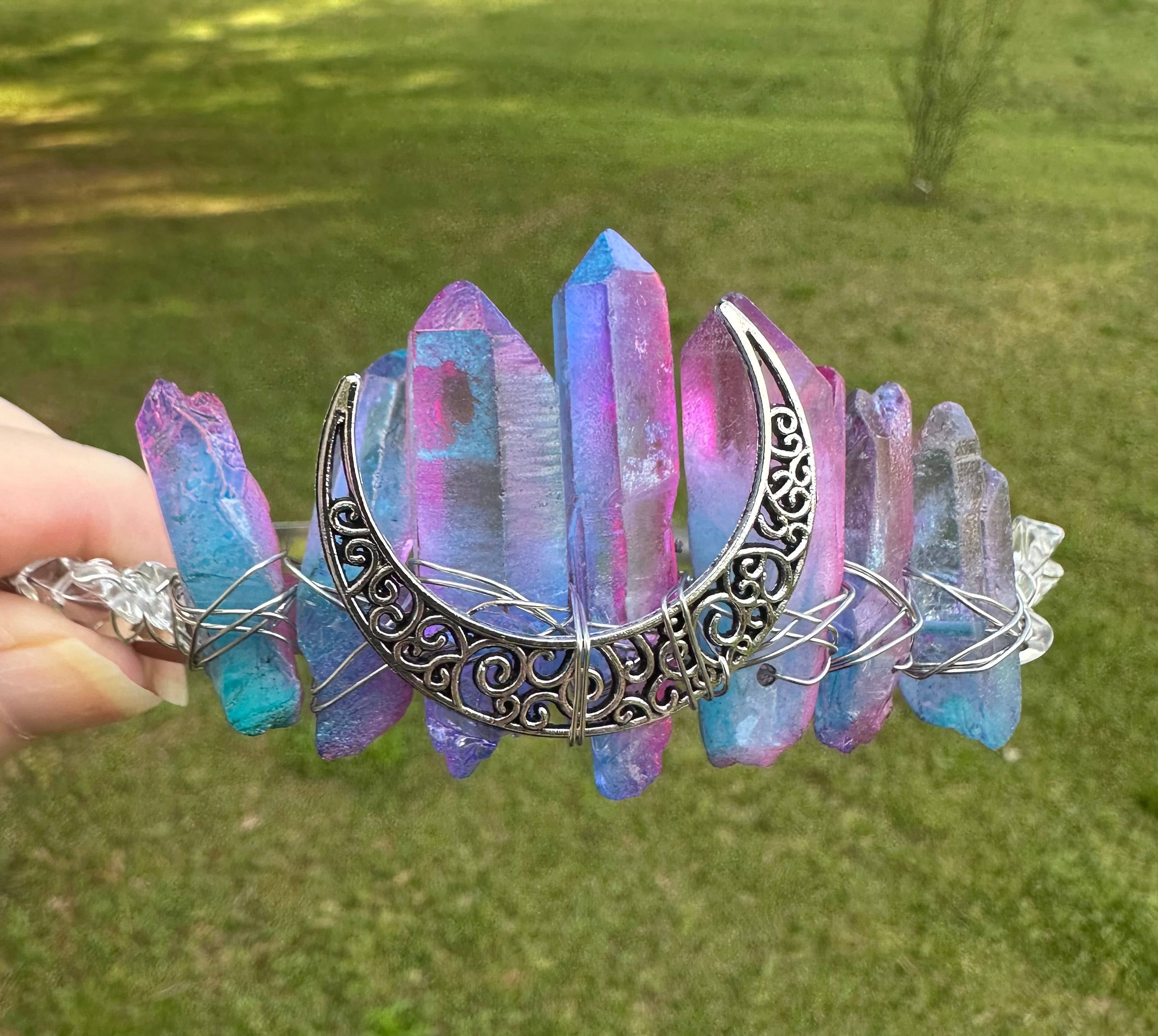 Handcrafted Pink & Blue Crystal Moon Headband MOSTORY Handmade Raw Crystal Headband Moon Crown Blue  main image 3