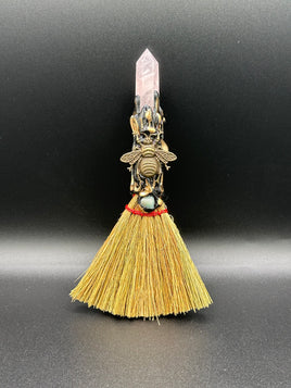 Rose Quartz & Green Aventurine Decorative Crystal Broom with Bee