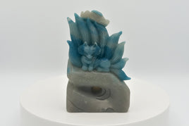 Unique Trolleite Nine-Tailed Fox Carving with Flower