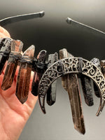 Brown & Black Handmade Natural Crystal Crown Headband – Aura-Coated Crystal Points & Crescent Moon