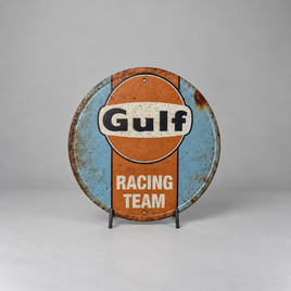 Gulf Racing Team Round Metal Tin Sign – Vintage-Style Automotive Garage Wall Decor