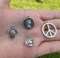 Set of Four Silvertone Metal Charms/Pendants Peace Sign & More
