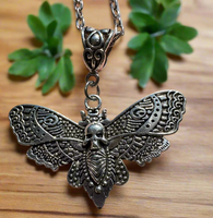 Retro Silvertone Skull Moth Pendant