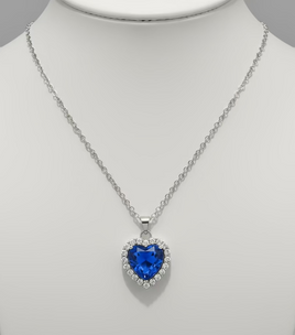 Blue Heart Shaped Pendant and Silvertone Necklace