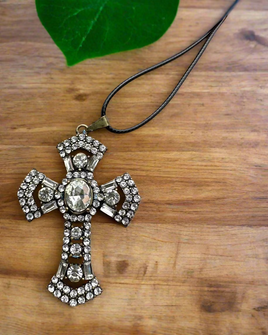 Silvertone Gothic Cross and Cord Necklace