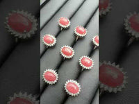 Natural Rhodochrosite Adjustable Stainless Steel Ring – Oval Pink Gemstone Halo Ring